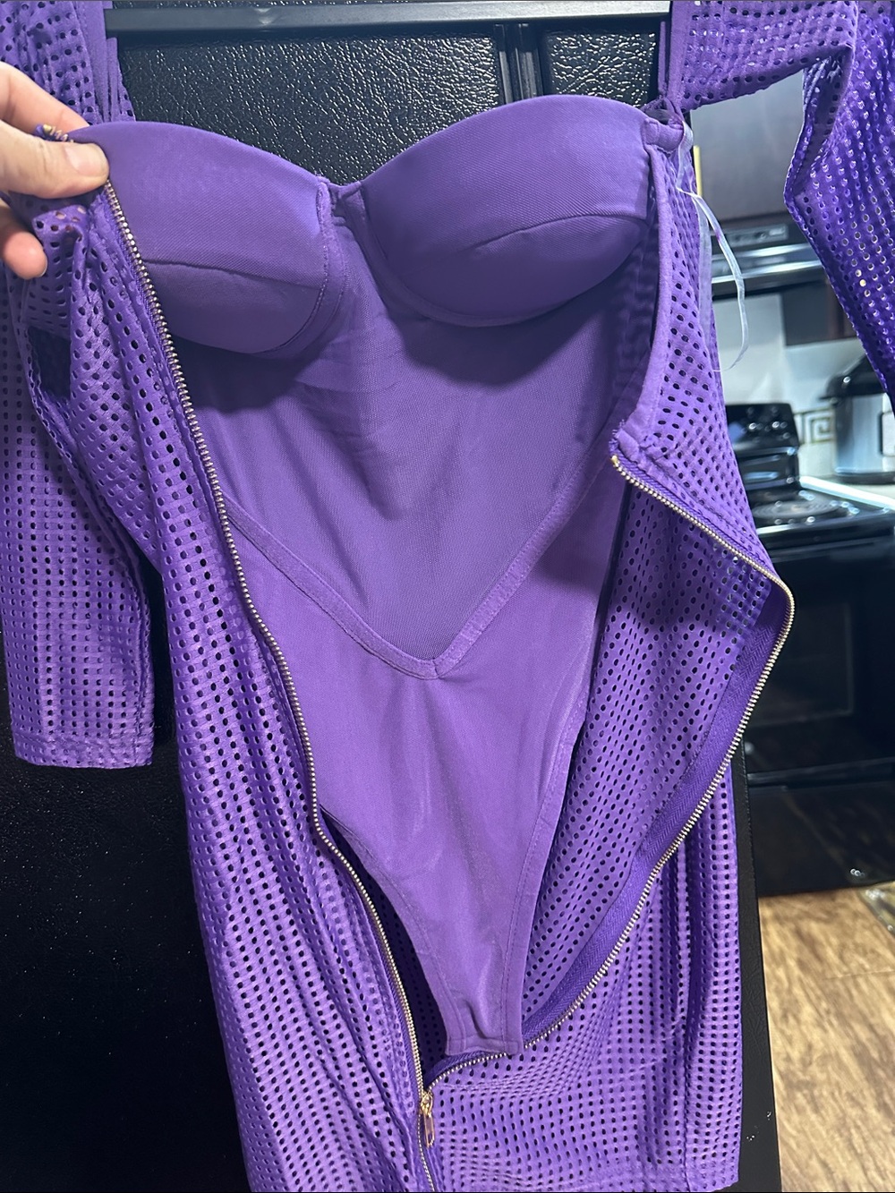 Purple Sheer Mesh Bodysuit Cover-Up with Gold Zipper